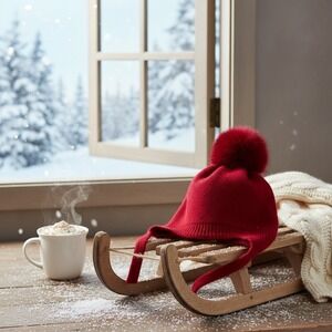 Slipintosoft Womans Red 100% Lightweight Cashmere Small Kids Beanie Pom Tie Hat